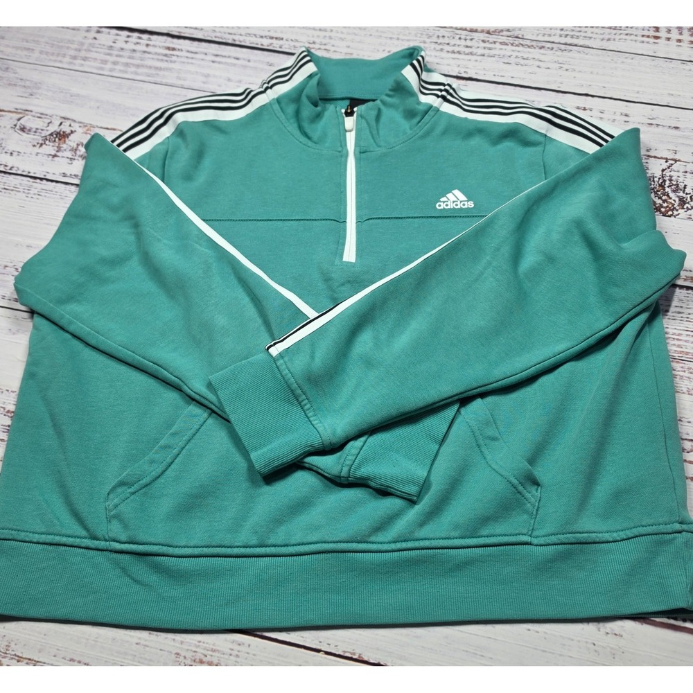 Adidas Quarter Zip Pullover Womens Large‎ Teal Green Kangaroo Pockets 3-Stripe